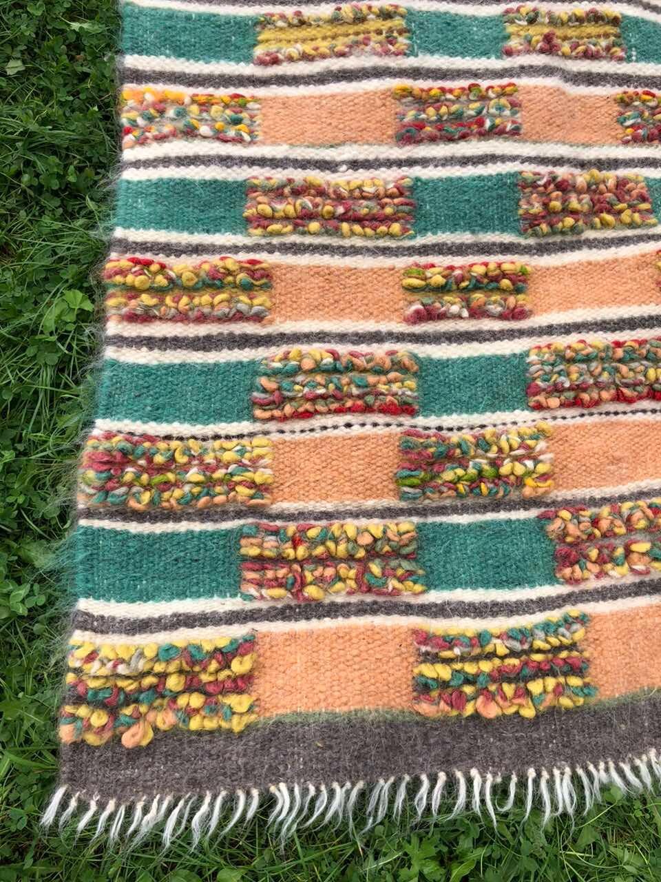 Woolen Rug with Unique Woven Patterns, Handcrafted Woolen Blanket with Colorful Textured Patterns