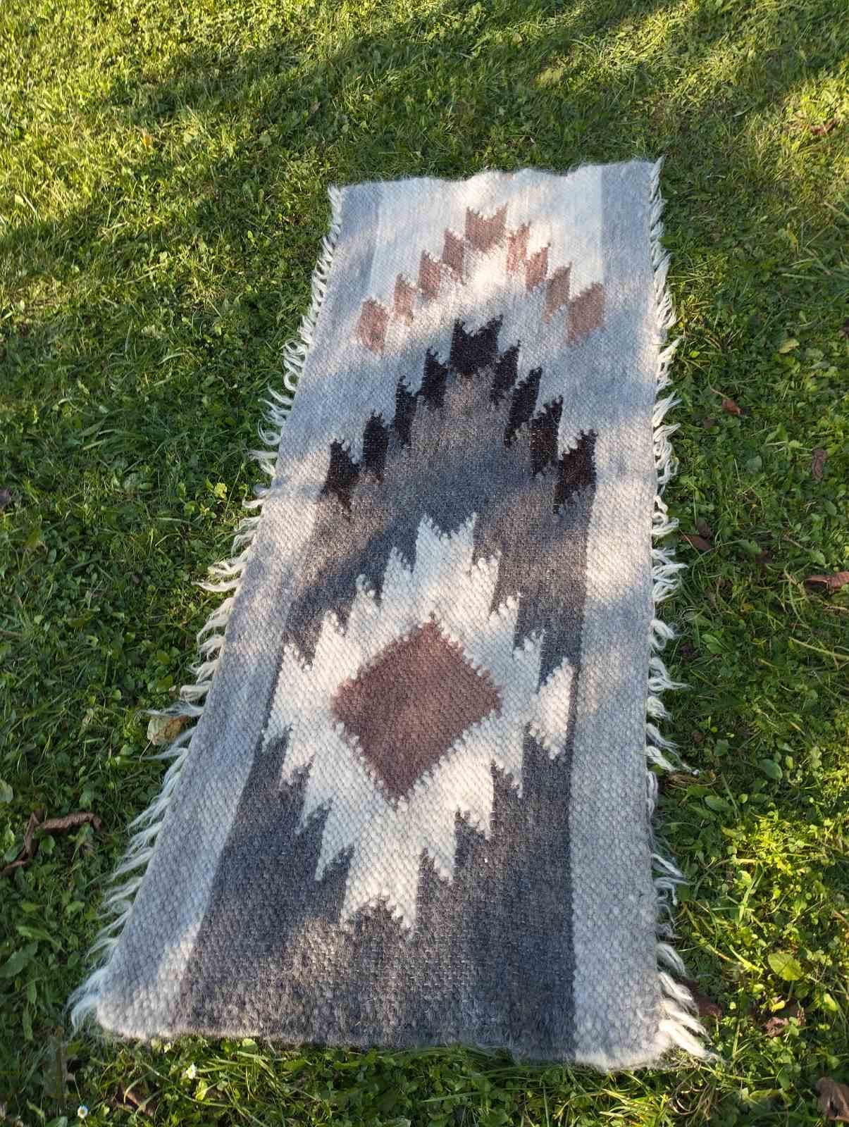 Wool Rug 186×70cm, Neutral Tones with Geometric Motifs, Bedside Rug