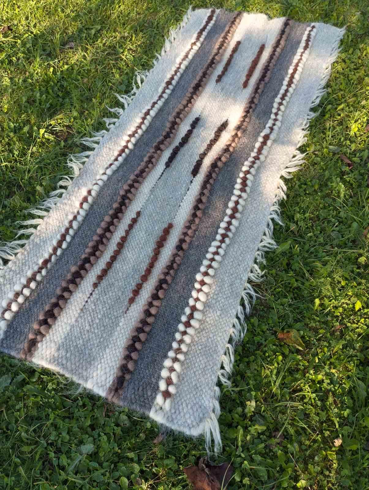 Wool Rug 186×70cm, Neutral Tones with Geometric Motifs, Bedside Rug