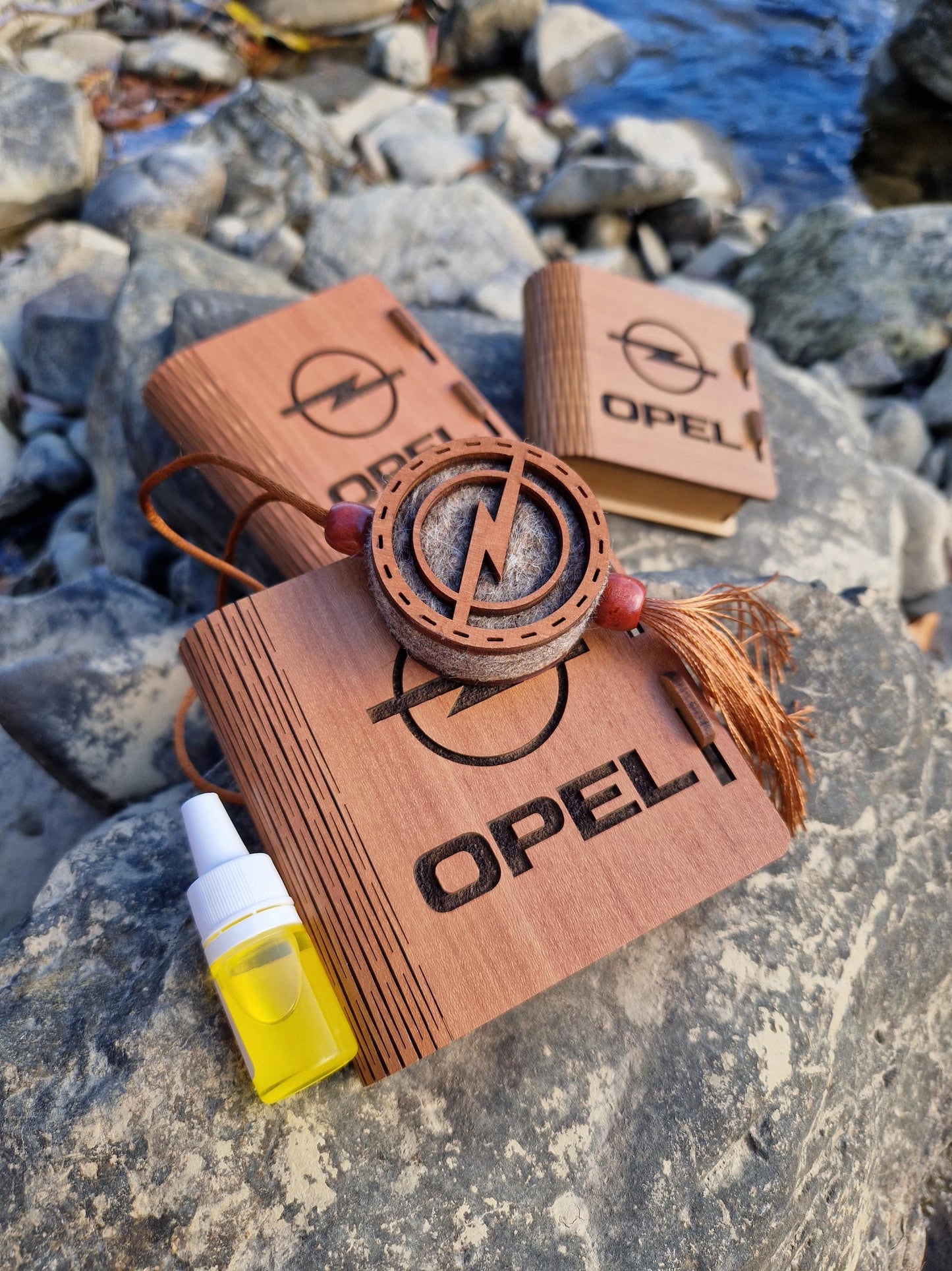 Wooden Car Diffuser with Custom Auto Emblem, 5ml Perfume Bottle, Luxury Car Air Freshener Gift