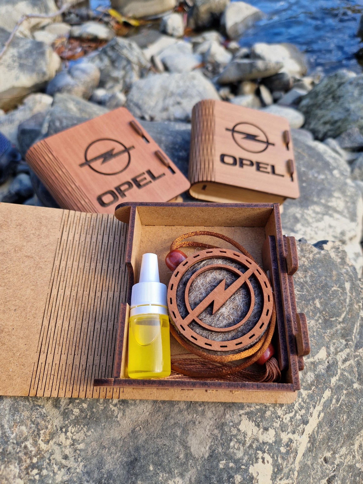 Wooden Car Diffuser with Custom Auto Emblem, 5ml Perfume Bottle, Luxury Car Air Freshener Gift
