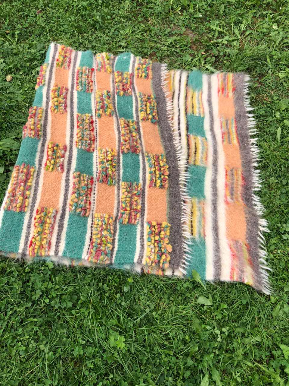 Woolen Rug with Unique Woven Patterns, Handcrafted Woolen Blanket with Colorful Textured Patterns
