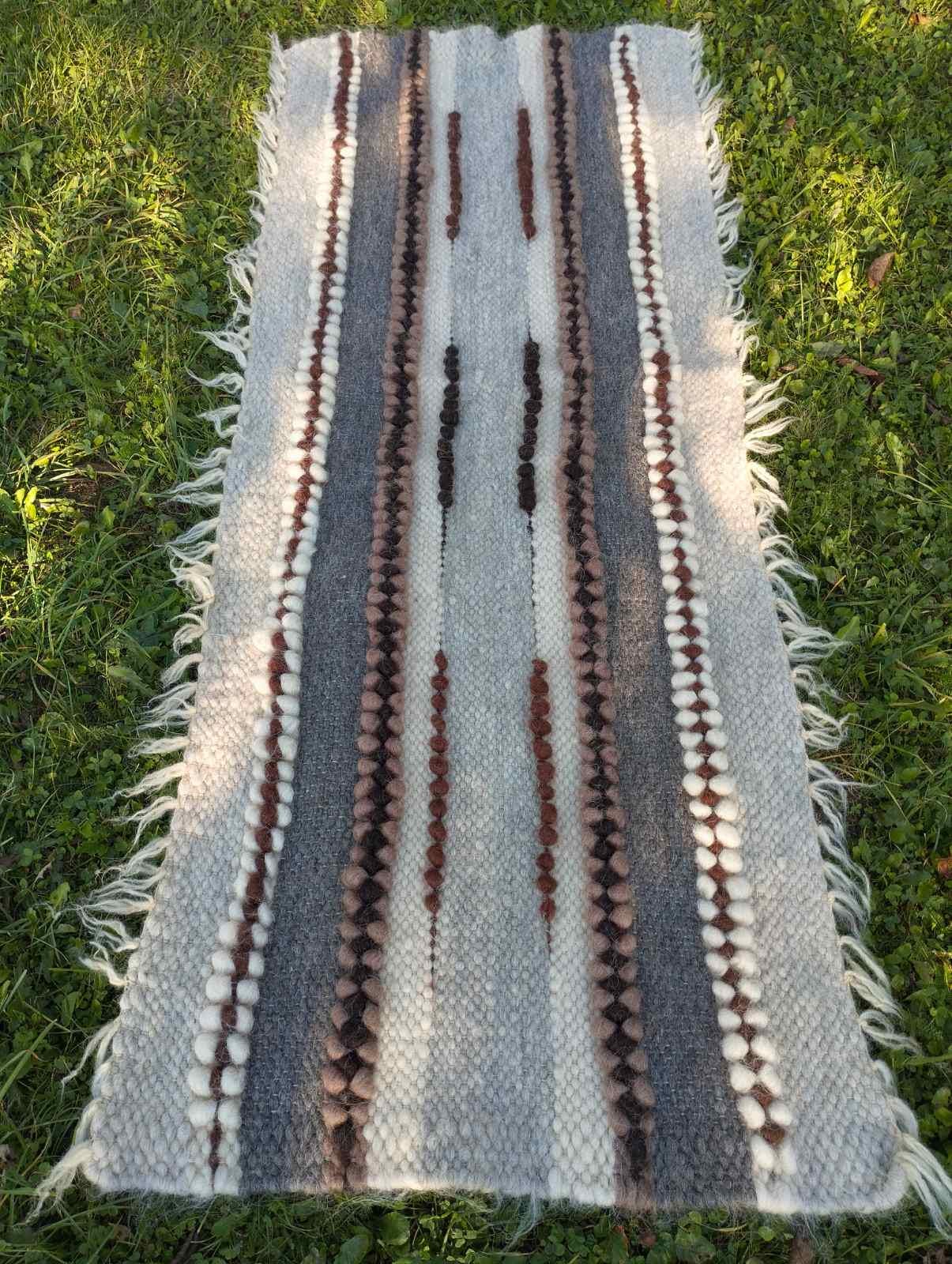 Wool Rug 186×70cm, Neutral Tones with Geometric Motifs, Bedside Rug