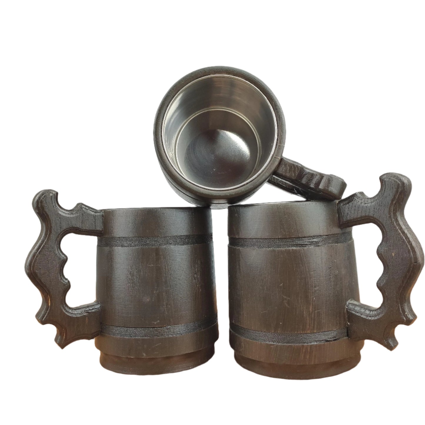 Handmade Oak Wood Beer Mug Set with Stainless Steel Liner – 600ml Rustic Wooden Tankard – Set of 2, 3, or 6 – Viking Style Gift for Him