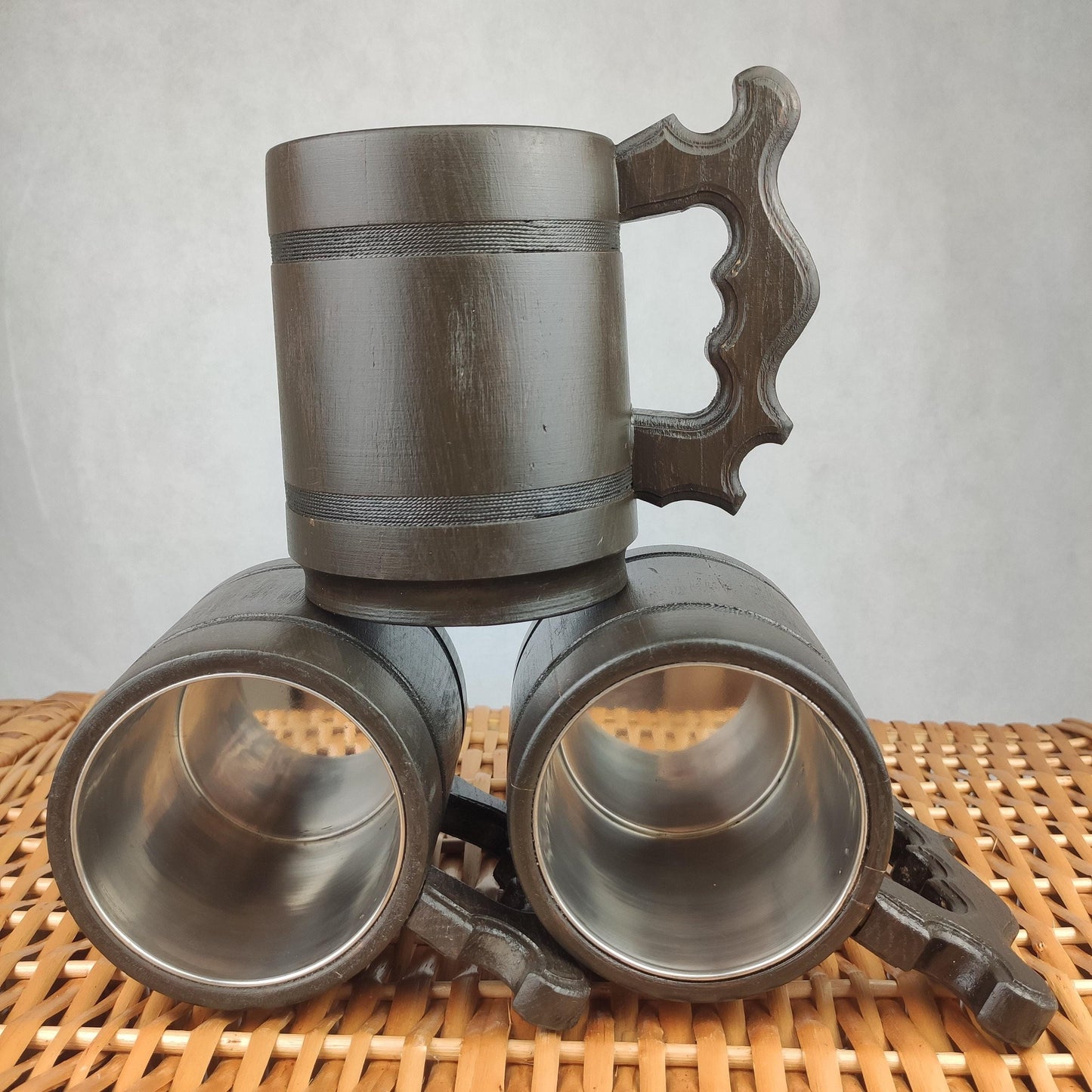 Handmade Oak Wood Beer Mug Set with Stainless Steel Liner – 600ml Rustic Wooden Tankard – Set of 2, 3, or 6 – Viking Style Gift for Him