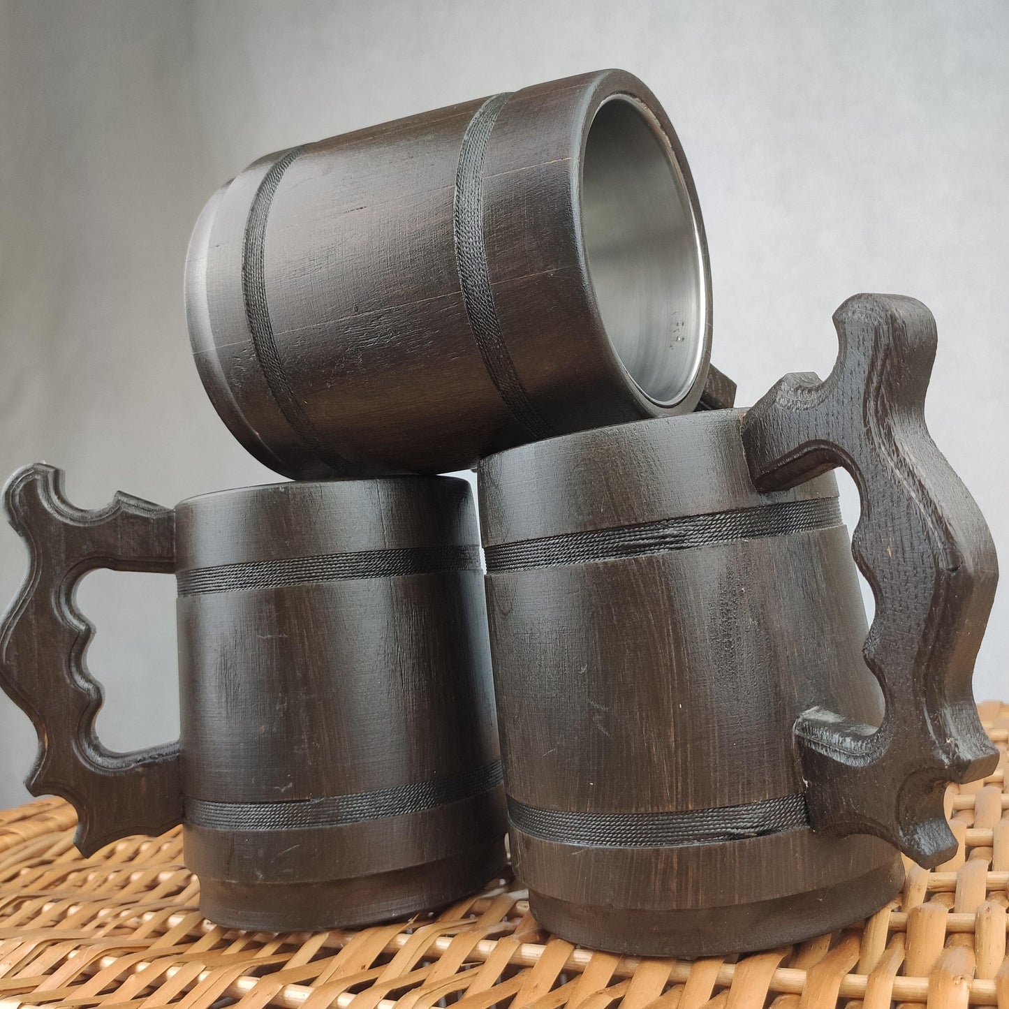 Handmade Oak Wood Beer Mug Set with Stainless Steel Liner – 600ml Rustic Wooden Tankard – Set of 2, 3, or 6 – Viking Style Gift for Him