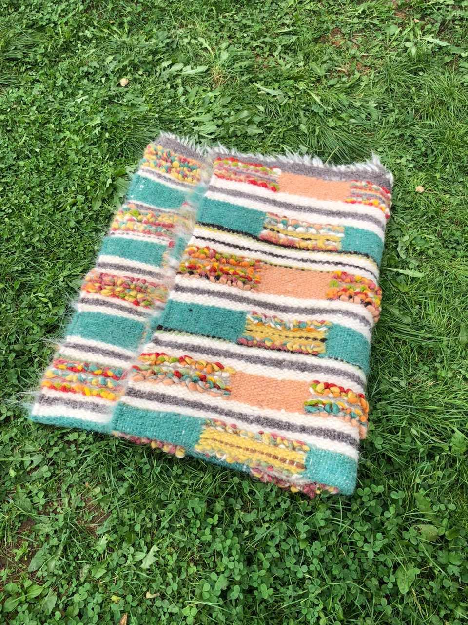 Woolen Rug with Unique Woven Patterns, Handcrafted Woolen Blanket with Colorful Textured Patterns