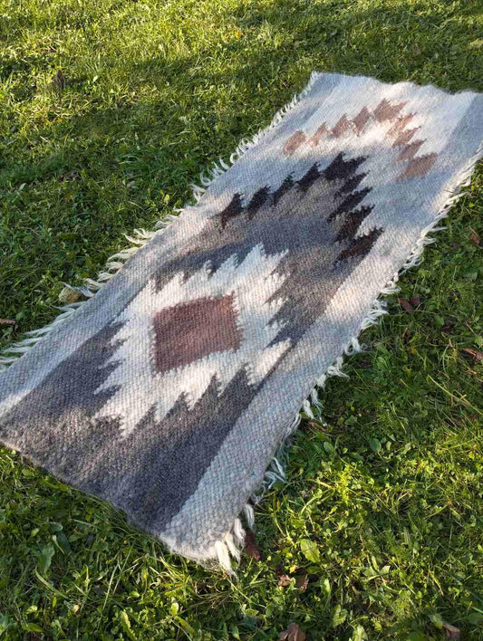 Wool Rug 186×70cm, Neutral Tones with Geometric Motifs, Bedside Rug