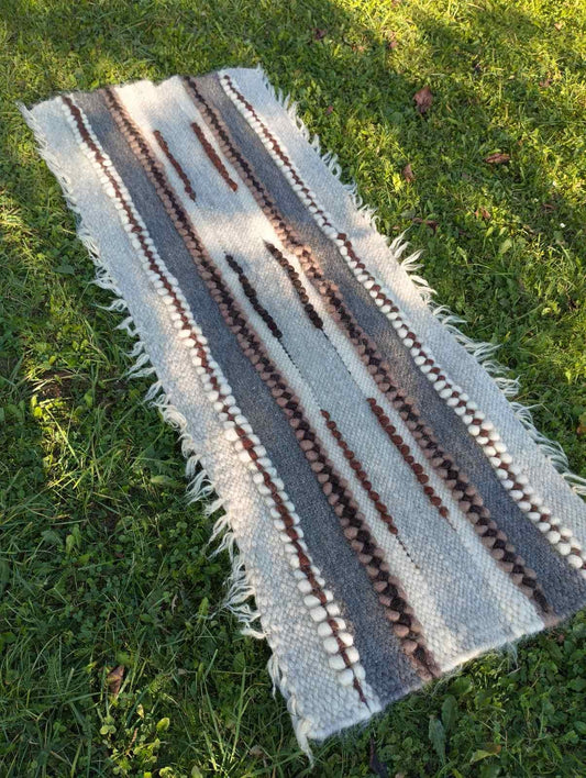 Wool Rug 186×70cm, Neutral Tones with Geometric Motifs, Bedside Rug